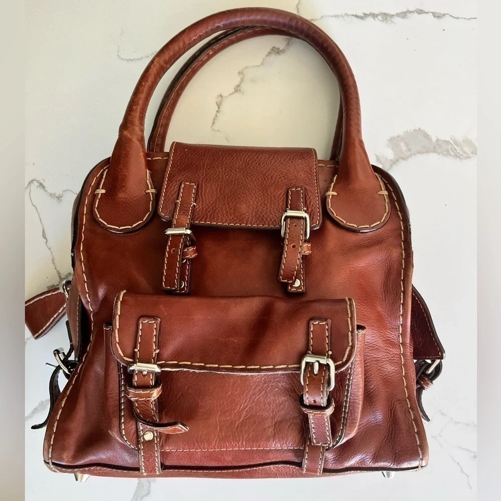 𝅺CHLOE Large Edith Vintage leather Satchel distressed cognac brown w/ stitching